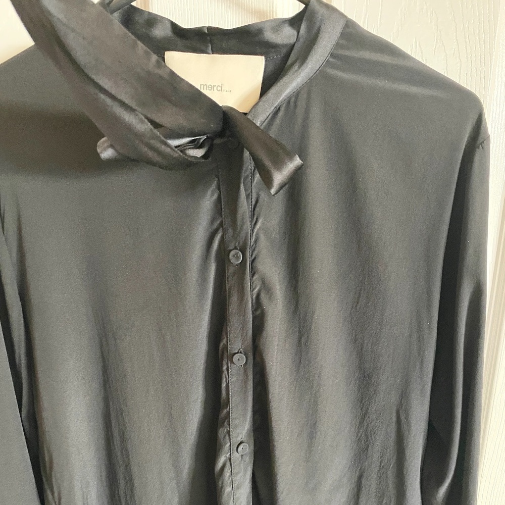MERCI ITALIA BOW TIE SILK BLACK BLOUSE SHIRT; M